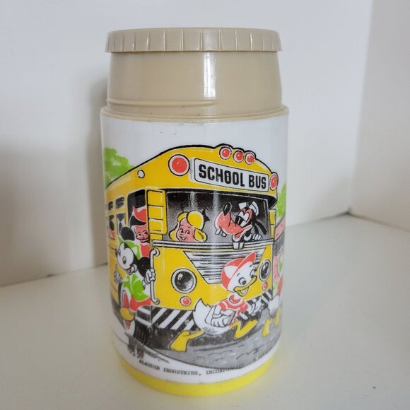 Vintage Aladdin Mickey Mouse School Bus Thermos 12 Oz Plastic Insulated Lunch Co - Picture 1 of 7